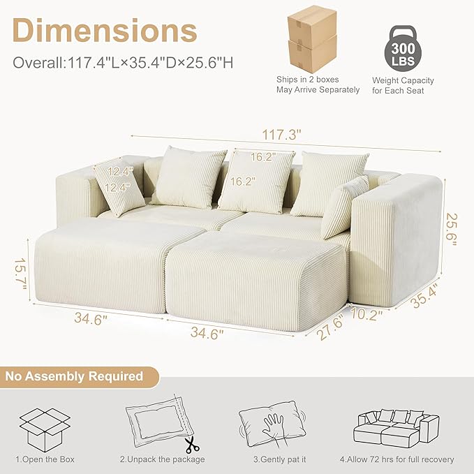 Redlife 117 Modular Sectional Sofa with Ottoman L Shaped Modular Couch Large Sectional Couches Corduroy Combination Sofas for Living Room Apartment Bedroom No Assembly Required Beige