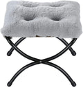 15 Foldable Foot Stool Ottoman with Metal Frame - Washable Faux Fur Grey Upholstered Indoor/Outdoor Footrest for Living Room Bedroom Patio - Space-Saving Compact Design