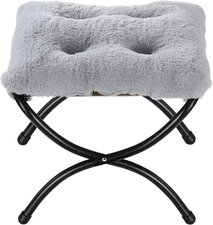 15 Foldable Foot Stool Ottoman with Metal Frame - Washable Faux Fur Grey Upholstered Indoor/Outdoor Footrest for Living Room Bedroom Patio - Space-Saving Compact Design