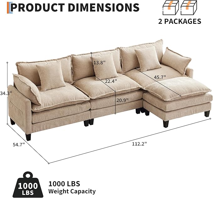 112 Modular Sectional Sofa L-Shape Cloud Couch/Deep Seat/Armrest/Plush Corduroy Fabric No Assembly Required Space-Saving 170 Pounds Chenille Combo Set with 1 Footstool for Living Room