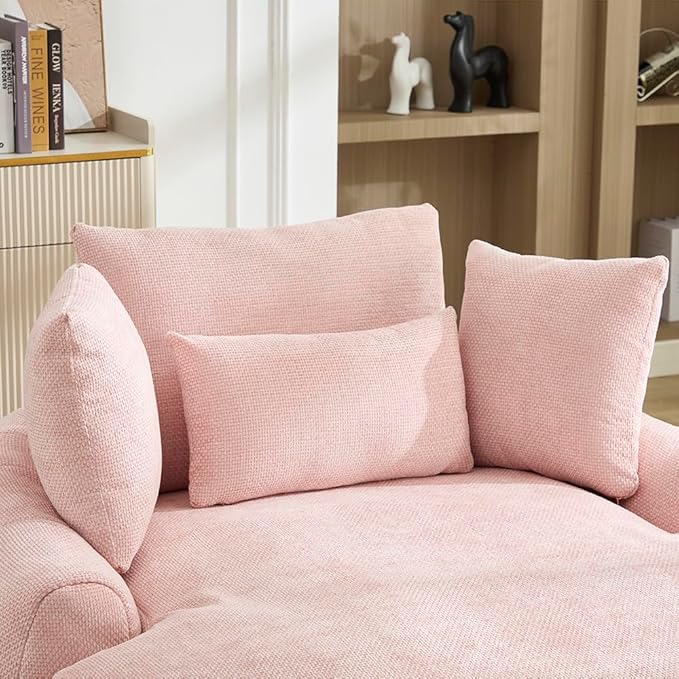 Oversized Chaise Lounge Indoor Deep Seat Boneless Sofa Bed with Throw Pillows Plush Chenille Fabric No Assembly Required Comfy Sleeper Sofa for Living Room Bedroom (PINK Without pocket)