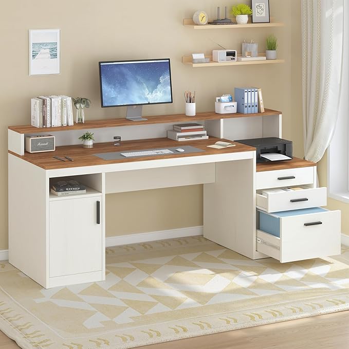 65 Inch Computer Desk with 3 Drawers &amp Storage Shelves Executive Desk with File Drawer &amp Cabinet Home Office Desk with Long Monitor Stand &amp Printer Shelf Antique White