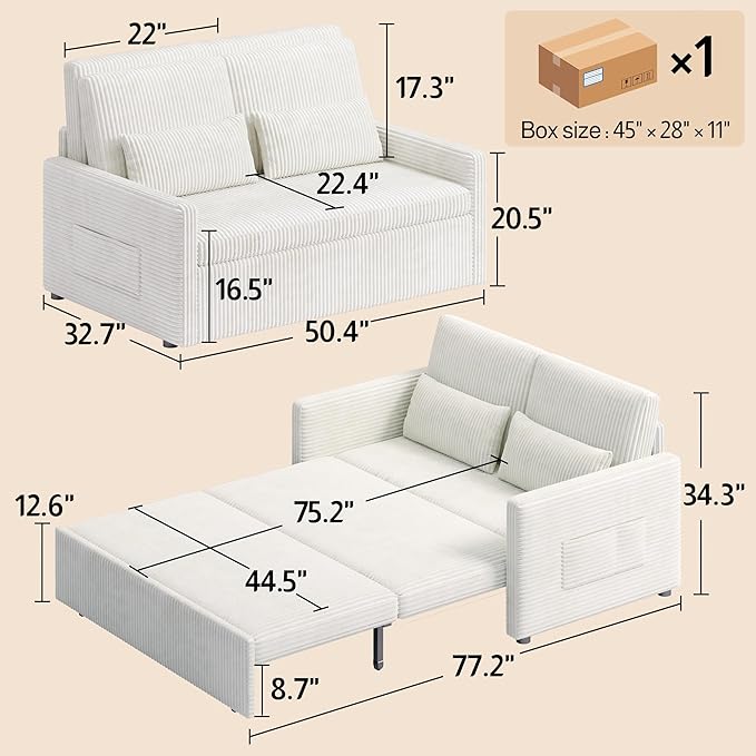Ahomly Convertible Loveseat Sleeper Sofa Bed 3 in 1 Pull Out Couch Bed with 77.2'' Sleeper Length Corduroy Sofa with 8.7'' Ground Clearance for Living Room Bedroom Beige