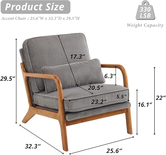 Karl home Mid-Century Modern Accent Chair Living Room Chairs with Pillow Corduroy Upholstered Lounge Armchair with Solid Wood Frame &amp Soft Cushion for Bedroom Reading Room Gray
