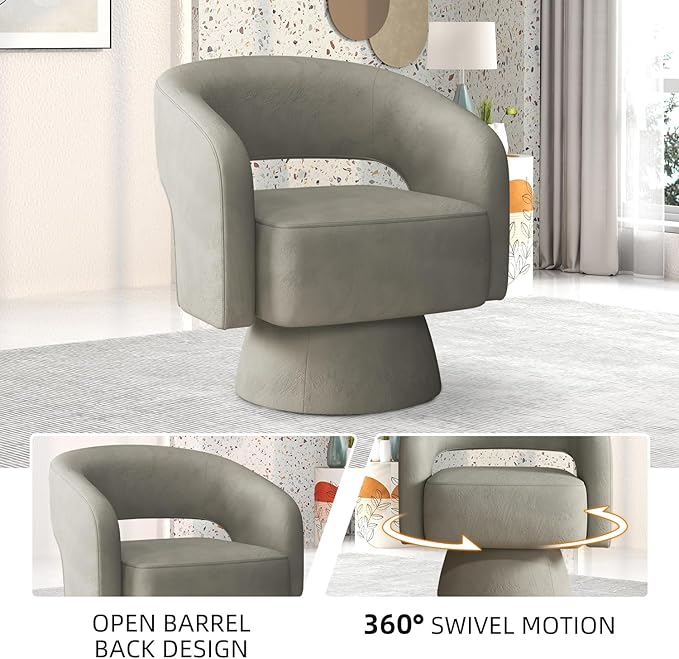 INZOY Swivel Barrel Chair with Velvet Fabric Swivel Accent Chair with Thickened Soft Cushion Comfy Round Swivel Chair for Living Room Bedroom Grey