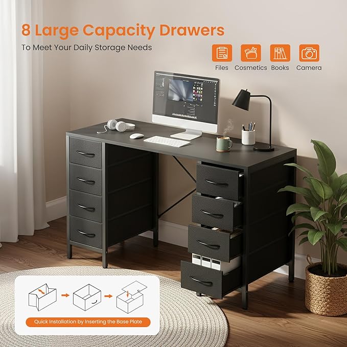 Sweetcrispy Computer Gaming Desk with 8 Storage Fabric Drawers 47 Inch Home Office Bedroom Desk with Sturdy X-Frame Modern Writing Study Work Table with Adjustable Feet Black