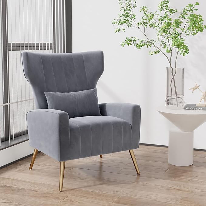 Nalupatio Velvet Fabric Upholstered Reading Comfy Mid Century Modern Armchair with Metal Legs and Spring Support Accent Chair for Living RoomGrey