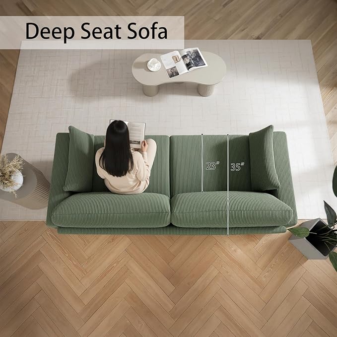 Modern Loveseat Sofa for Living Room Removable Cover Spring Cushions Solid Wood Frame Wide Armrest Corduroy Fabric Recliner Couches for Small Space (Green Corduroy 81 inch)