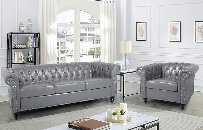 RARZOE Modern 2 Pieces Living Room Sofa Set Contemporary Tufted Button Faux Leather Three-Seater Couch and Accent Club Chair with Nailhead Trim Scroll Arms for Home Furniture Grey