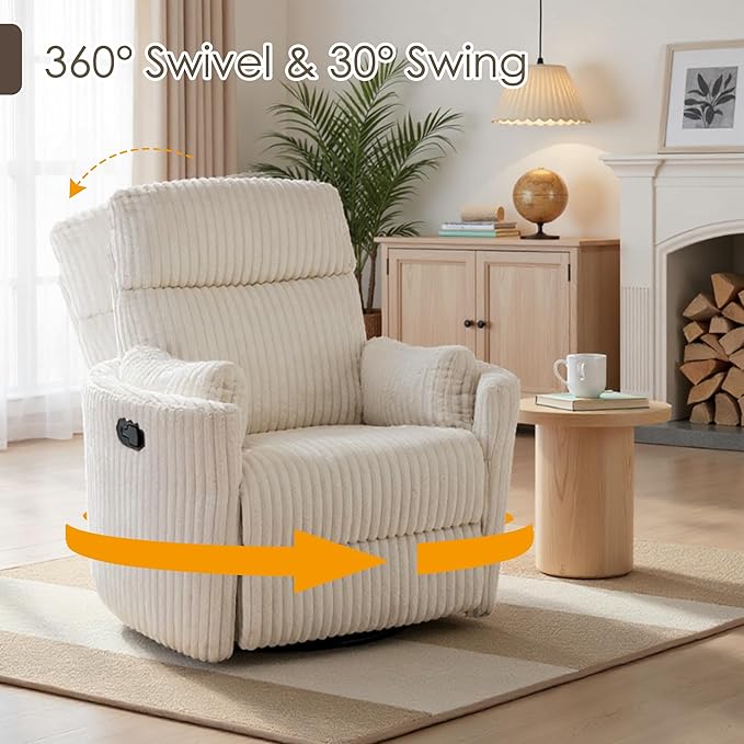 Nursery Rocking Chairs Comfy High Back 360 Swivel Rocker Recliner with 2 Pillows Glider Recliner Nursery Chair for Adults Small Spaces Nursing Bedroom Living Room Beige