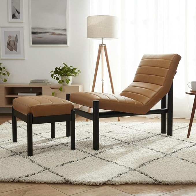 CIMOTA Upholstered PU Leather Accent Chair and Ottoman Set Modern Living Room Chair with Reclining Backrest and Footstool Small Reading Chairs for Living Room Bedroom Brown