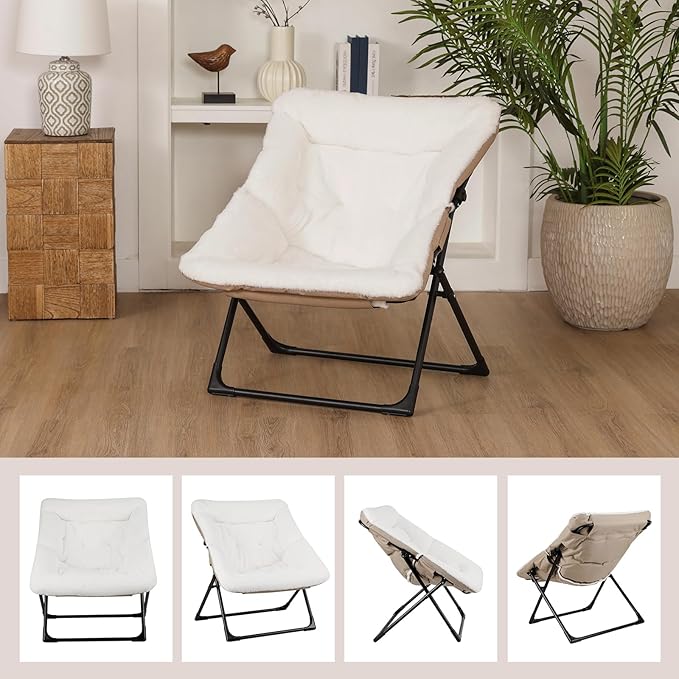 Comfy Saucer Chair for Adults Soft Faux Fur Bedroom Chair Accent Dorm Chairs Flexible Living Room Reading Chairs Oversized Folding Seat for Teens X-Large White