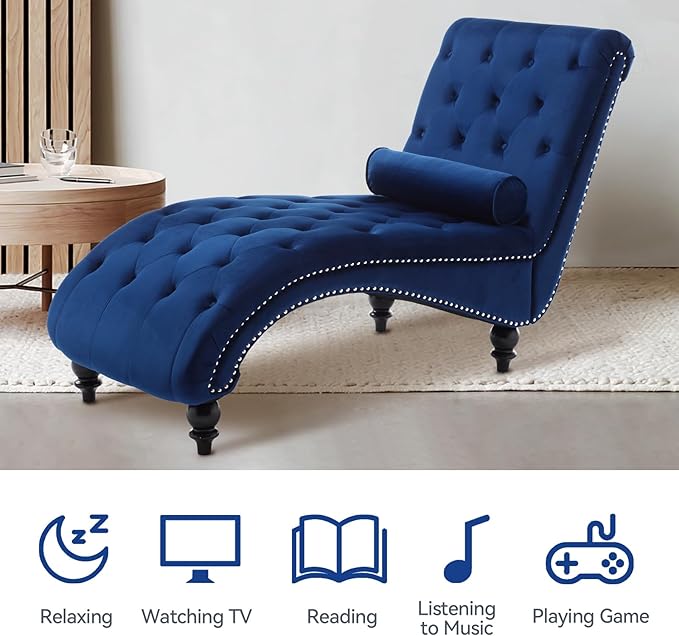 Velvet Chaise Lounge Chair Indoor Comfy Upholstered Chaise Lounge with Pillow and Solid Wood Legs Button Tufted Leisure Sofa Recliner for Living Room Bedroom Office Apartment (Blue)