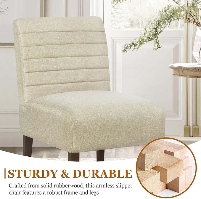 Modern Accent Chair for Living Room Upholstered Armless Slipper Chair with Back &amp Wood Legs Comfy Small Chair for Bedroom Living Room Reading Spaces Office (Beige)