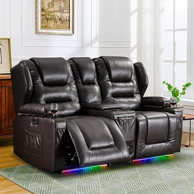 Loveseat Power Recliner Sofa Couch Electric Reclining Sofa Chair for Living Room with Multi-Function Console/Cup Holders/LED Ambient Light