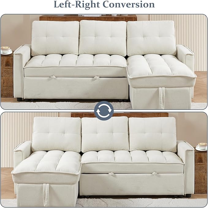 78.75 Sleeper Sofa CouchModern L-Shaped Couches Pull Out Couch with USB Ports&ampSide PocketSleeper Sectional Sofa for Living Room ApartmentChenille(Beige)