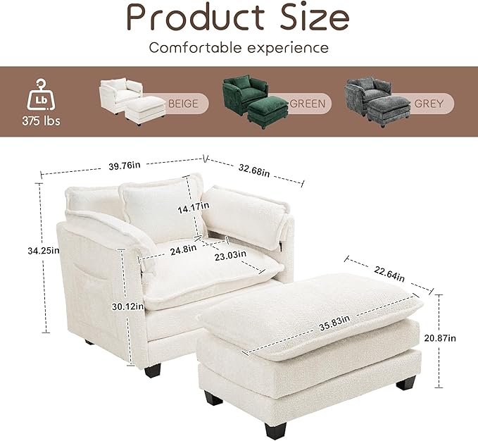 KEIKI Boucle Accent Chair with Storage &amp Ottoman Oversized Reading Arm Chair w/Double Cushion Modern Side Deep Seating Chairs Set Corner Comfy Lounge Armchair for Living Room Bedroom White