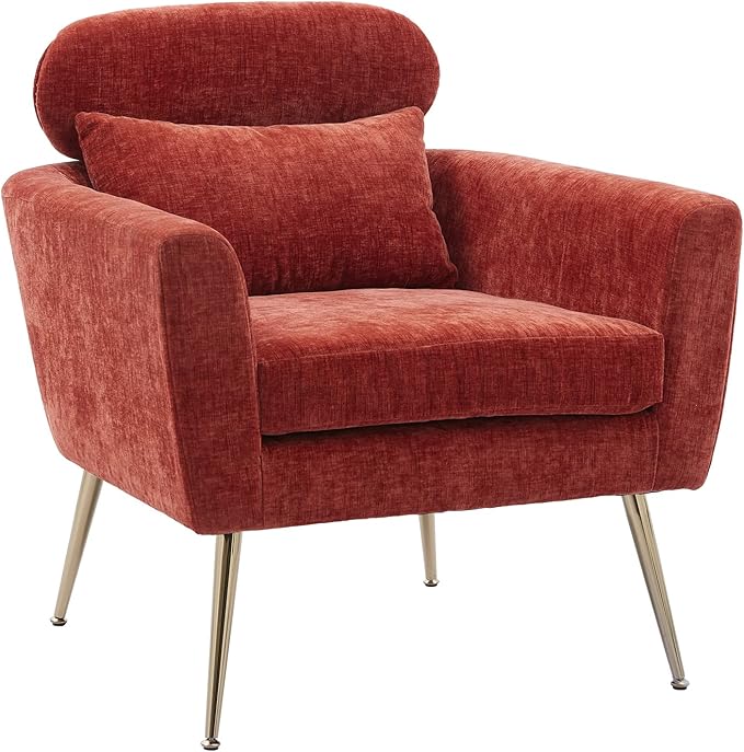 29.5W Modern Chenille Accent Chair Armchair Upholstered Reading Chair Single Sofa Leisure Club Chair with Gold Metal Leg and Throw Pillow for Living Room Bedroom Dorm Room Office Terracotta Chenille