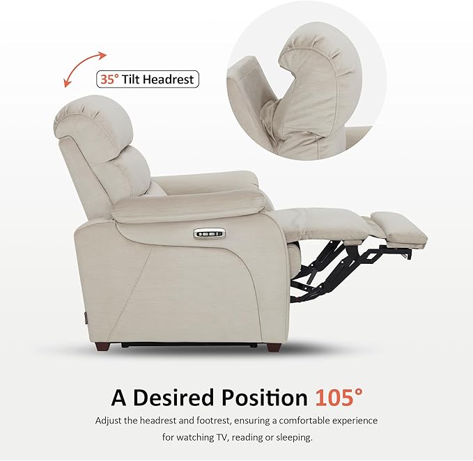 MCombo Power Zero Wall Hugger Recliner Chair for Small Space RV Living Room Power Recliner with Adjustable Headrest USB &amp USB-C Charging Ports Fabric ST257 (Beige)