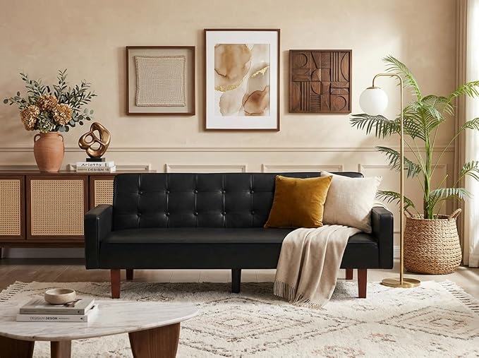 Modern PU Leather 3-Seat Couch Adjustable Backrest Convertable Sofa Sleek Minimalist Fold Out Couch Loveseat with Armrests Sofa for Living Room Home Office Spaces Black