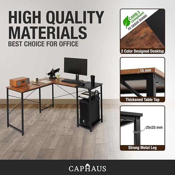 CAPHAUS 51 Inch L-Shaped Desk with 2-Tier Shelves &amp 220lbs Capacity - Home Office/Gaming/Study Corner Workstation Easy Assembly P2 Board Headphone Hook Industrial Design Rustic Oak and Black