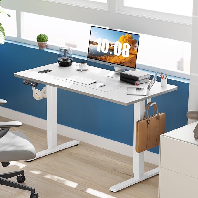 Sweetcrispy Electric Standing Desk Adjustable Height 48x24 Inch Sit Stand Up Home Office Desks Computer Workstation PC Work Table with 3 Memory Preset Splice Wood Board Metal Frame White