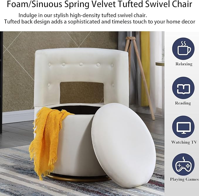 360° Swivel Accent Chair with Hide Storage FunctionModern Velvet Curved Barrel Chair with Gold Metal Base Back Vanity Chair for Living Room NurseryBedroom Upholstered Leisure Chair (Beige)