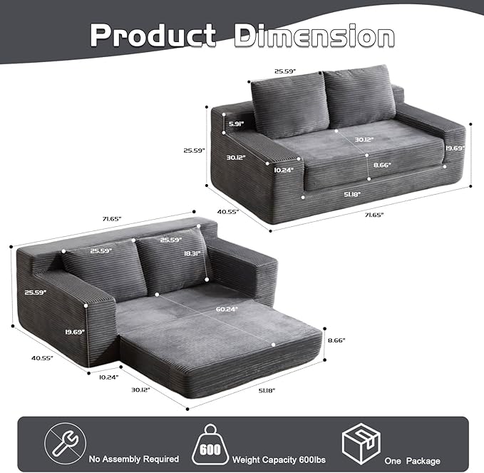 72 Boneless Loveseat Couch Foldable Pull Out Sofa Bed with 2 Pillows Corduroy Floor Sofa for Apartment Living Room Bedroom Guest Room No Assembly (Dark Grey)
