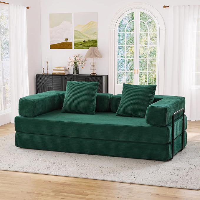 Antetek Modular Futon Sofa Bed Convertible Folding Corduroy Comfy Memory Foam Floor 3 Seater Loveseat Sleeper Sofa Couch Bed Chaise Lounge with 2 Pillows for Guest Room Living Room Office Green