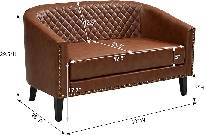 KINWELL 50 Faux Leather Small Barrel Love Seat Settee Diamond Tufted Back Compact Loveseat Sofa with Nailhead Trim Modern 2-Seater Couch with Solid Wood Legs for Small Spaces Apartments Brown