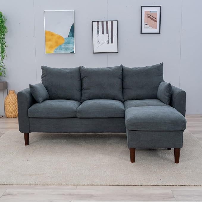 Panana Convertible Sectional Sofa CouchL-Shaped 2 or 3-Seat Sofa Sectional with Reversible Ottoman for Small Living Room Apartment (Gray Linen Fabric 3 Seater with Ottoman - Curved arms)