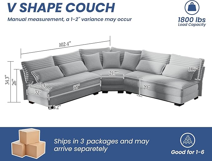 5-Seater Sectional Couch 102 L-Shaped Corner Sofa Oversized Corduroy Cloud Couch with 2-Layer Cushions V Shape Sofa for Living Room Aparment (LightGrey)