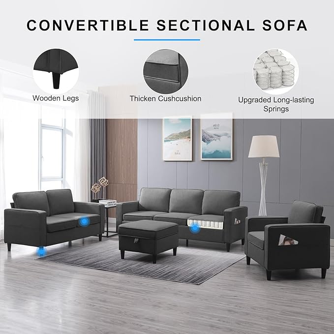 PUREMIND 3 Piece Living Room Sofa Sets Modern 3 Seater Sofa with Ottoman and Loveseat and Armchair Sets Linen Fabric L Shape Couch Set of 3 for Living Room Dark Grey