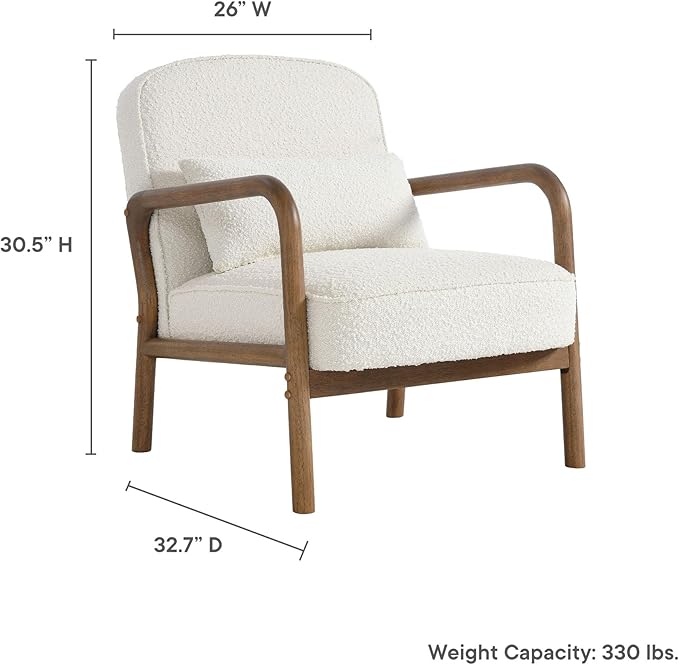 Modway Charlie Boucle Upholstered Wood Accent Armchair in Ivory – Mid-Century Modern Chair with Cushion – Cozy Reading Chair with Solid Wood Frame – Fabric Upholstered Armchair for Living Room