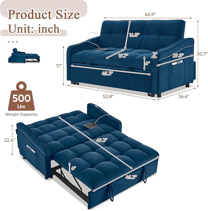 Antetek 3 in 1 Sleeper Sofa Couch Bed with USB &amp Type C Port 52 Small Modern Convertible Tufted Velvet Loveseat Sofa w/Pull Out Bed for Living Room Small Space Apartment Blue