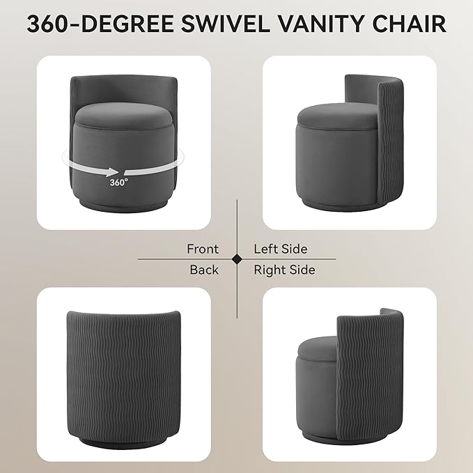 Velvet Vanity Chair with Storage 360° Swivel Makeup Chair with Wave Back No Assembly Small Accent Stool for Bedroom Dressing Living Room Grey