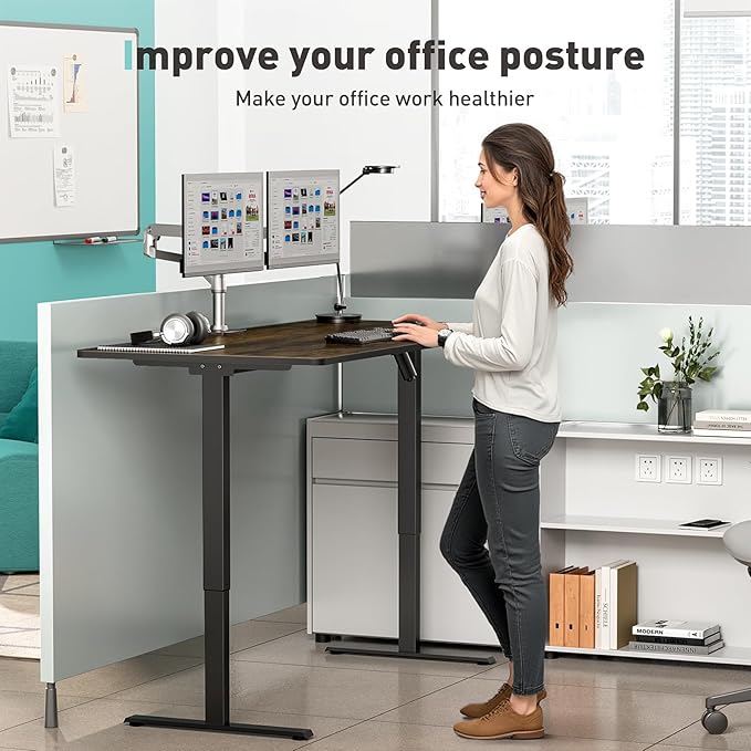 One-Piece Electric Standing Desk 48 x 24 Inch Adjustable Height Sit to Stand Up Desk for Home Office Work &amp Study Black Frame &amp Brown Desktop (2 Packages)