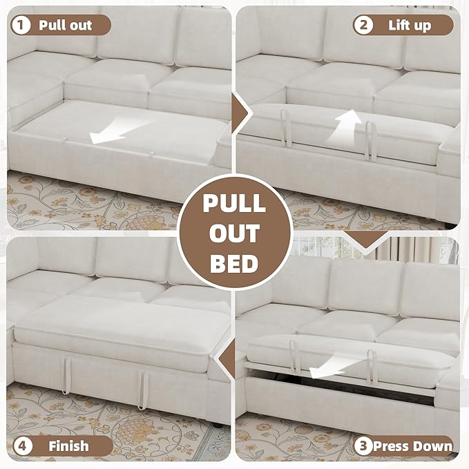 120 Sectional Sofa Couch with Pull out Bed 7 Seat U Shaped Pull out Couch Bed with USB Ports Velvet Modular Sleeper Sofa Bed with Throw Pillows Large Sectional Couches for Living Room Beige