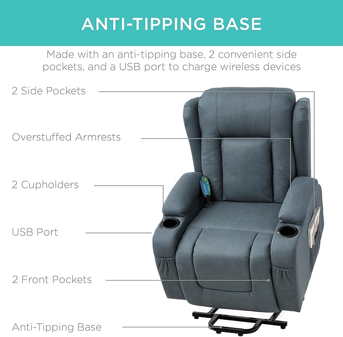 Best Choice Products PU Leather Electric Power Lift Chair Recliner Massage Chair Adjustable Furniture for Back Legs w/ 3 Positions USB Port Heat Cupholders Easy-to-Reach Side Button - Blue