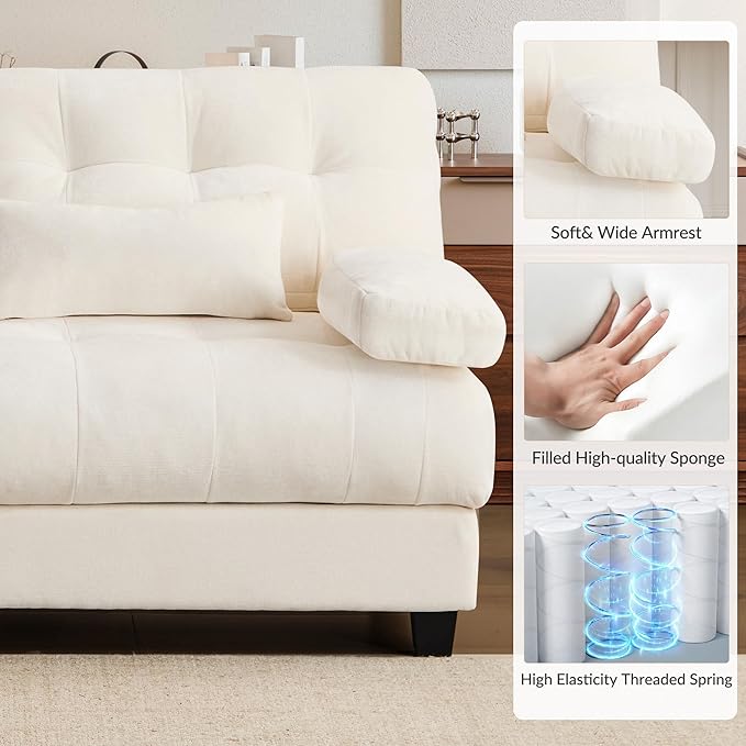 67'' Modern Chenille Love Seat Sleeper Cloud Couch BedConvertible Cozy Deep Seat Couches with Wide Armrest &amp Throw Pillows for Living RoomHomeBedroom(Ivory)