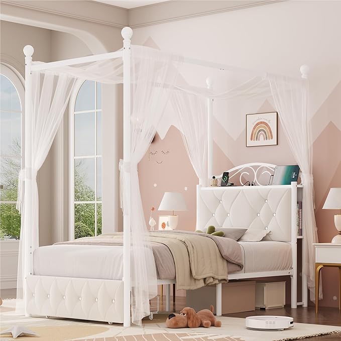 Keyluv Twin Upholstered Canopy Bed Frame with Drawer &amp Crystal Tufted Storage Headboard Metal Platform Bed with Charging Station &amp 4 Removable Posts No Box Spring Needed Curtain Not Included
