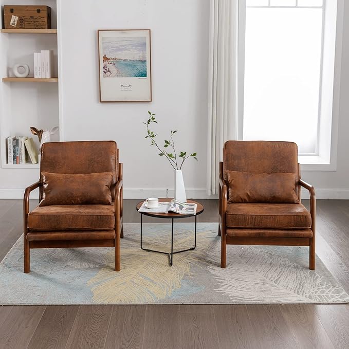 Brown Leather Accent Chairs Mid Century Modern Living Room Chairs Sillas De Sala Solid Ruberwood Arm Chair for Livingroom Bedroom Office Comfy Reading Lounge Decorative Side Sitting Chair