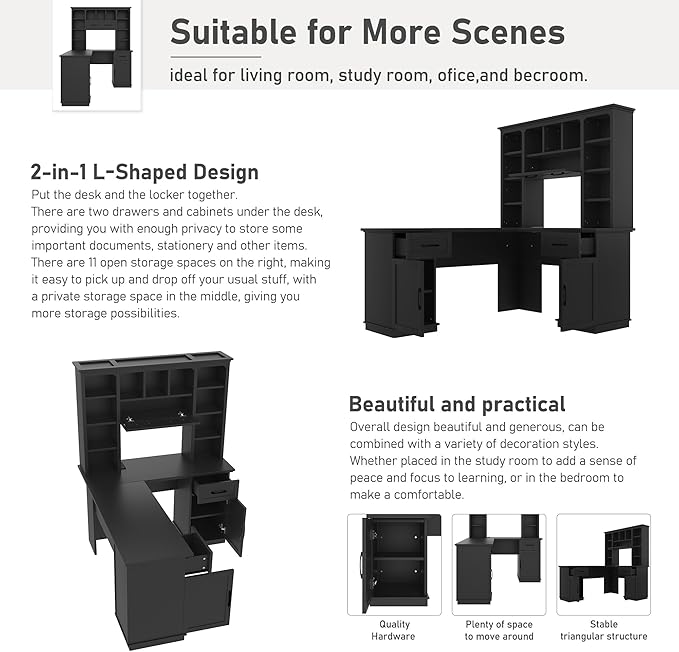 L-Shaped Executive Desk Writing Desk Office Study Workstation with Storage Cabinets and Bookcases Wood Home Office Computer Desk for Living Room Study Room (Black-11.8)