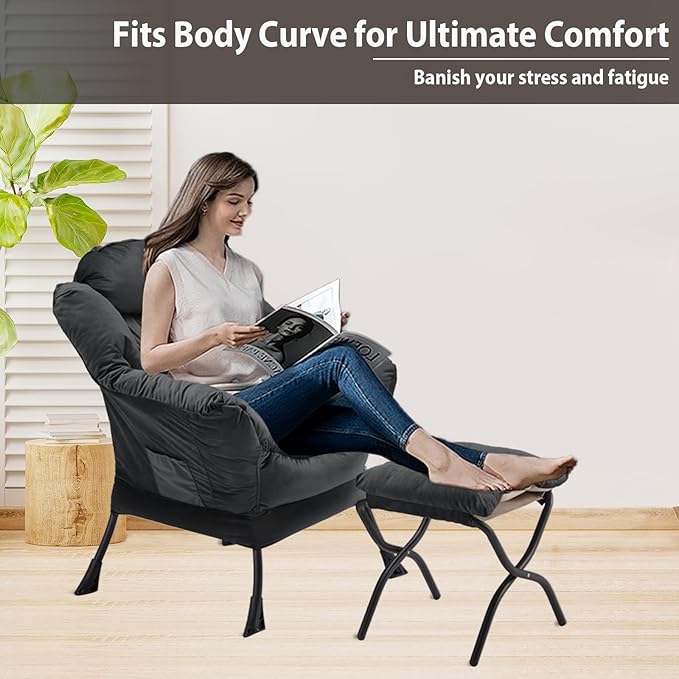 Lazy Chair with Folding Ottoman Accent Chair Velvet Upholstered with Metal Structure and Non-Slip Pads Sofa Armchair with Footrest and Side Storage Bag for Dorm Office Charcoal