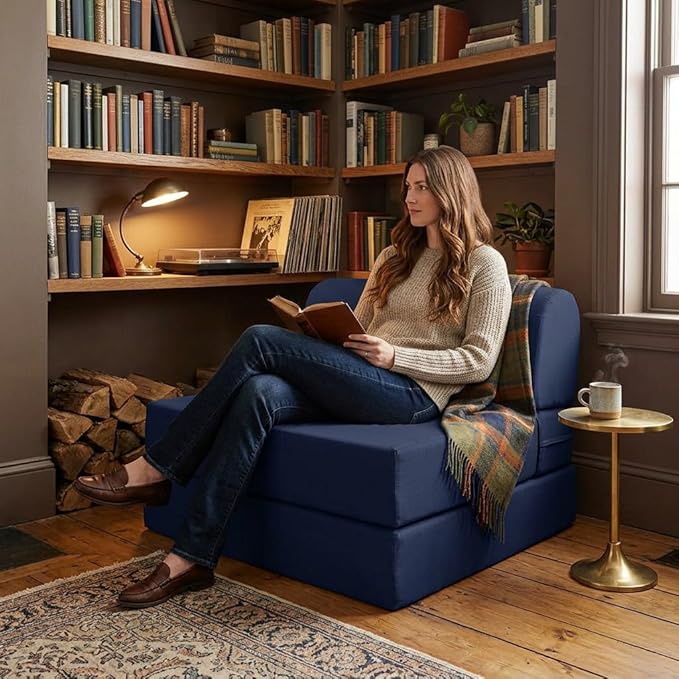 D&ampD Futon Furniture Sleeper Chair Folding Foam Bed Portable Studio Guest Sofa Beds 6 x 32 x 70 Navy Blue