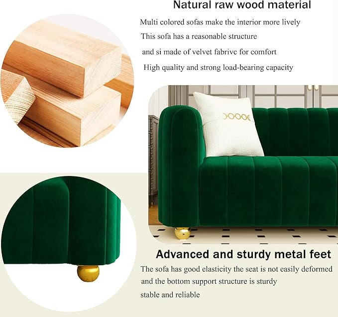 83 Green Velvet Couch Luxry Modern Sofas for Living Room Velvet Sofa 3-Seater Solid Wood Frame with Gold Metal Legs and Two Pillows Emerald Green Couch