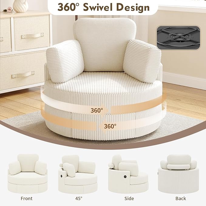 MEISSALIVVE Swivel Accent Chair with Half Moon Ottoman Round Chairs with Drawer Storage for Living Room 360° Barrel Chair with USB Charging Port (White Corduroy)