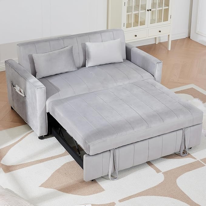 3 in 1 Convertible Sleeper Sofa Bed55.51 Velvet Futon Sofa Bed Pull Out Couch for Bedroom&ampLiving Room Loveseat Sofa Bed with Storage Pockets &amp 2 Toss PillowsAdjustable Backrest(Grey)