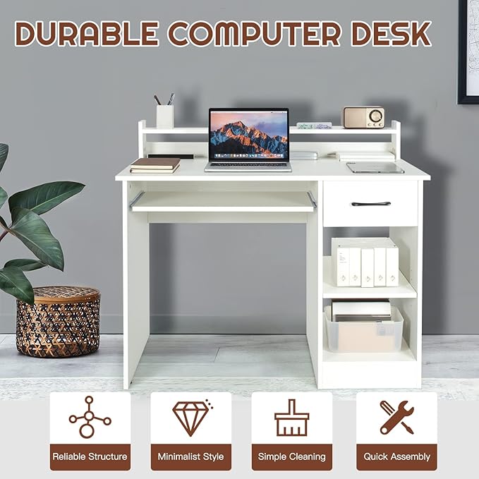 COSTWAY Computer Desk with Hutch Home Office Desk with Drawer Adjustable Shelf &amp Keyboard Tray Study Writing Desk Executive Workstation for Living Room Bedroom &amp Study (White)