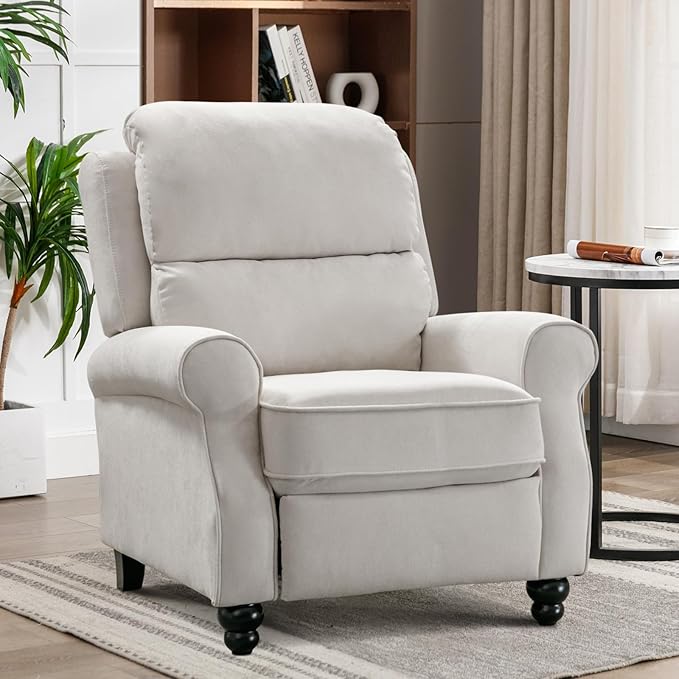 Push Back Recliner Chair Fabric Armchair Overstuffed Pushback Recliner Heavy Duty Single Sofa Chair with Padded Seat Solid Wood Legs for Living Room (White)